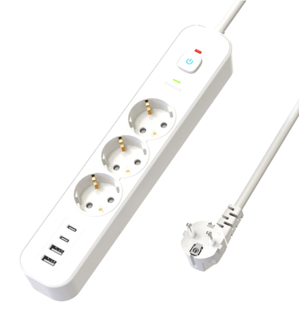 Сетевой фильтр 3-местный с/з STEKKER 3x1мм2, 1,8 м, 250В, 16А, 2 USB-A+2 Type-C, серия Nova, белый 50099