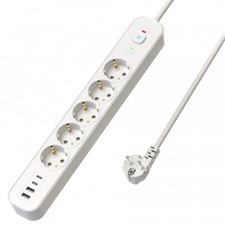 Сетевой фильтр 5-местный с/з STEKKER 3x1мм2, 3 м, 250В, 16А, 2 USB-A+2 Type-C 3, серия Nova, белый 50103