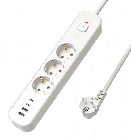 Сетевой фильтр 3-местный с/з STEKKER 3x1мм2, 5 м, 250В, 16А, 2 USB-A+2 Type-C 3, серия Nova, белый 50101