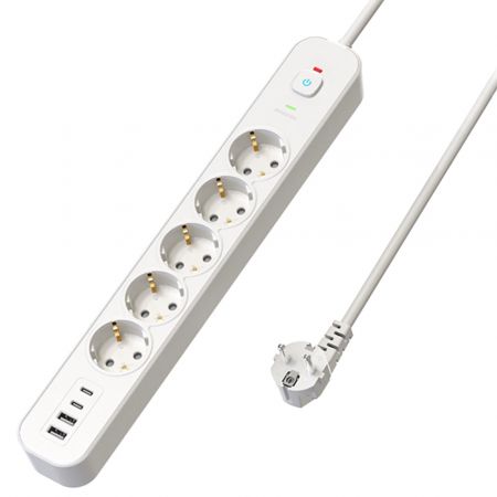 Сетевой фильтр 5-местный с/з STEKKER 3x1мм2, 5 м, 250В, 16А, 2 USB-A+2 Type-C 3, серия Nova, белый 50104