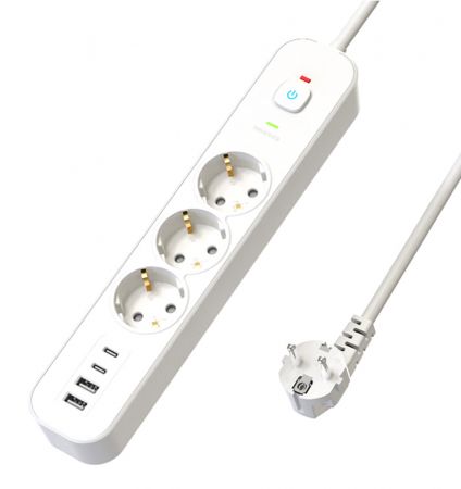 Сетевой фильтр 3-местный с/з STEKKER 3x1мм2, 3 м, 250В, 16А, 2 USB-A+2 Type-C 3, серия Nova, белый 50100