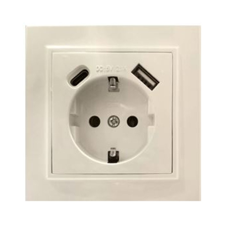 Розетка 1-местная с/з STEKKER, PST16-9016-02, 250В, 16А с USB+ type C, серия Эрна, слоновая кость 50077