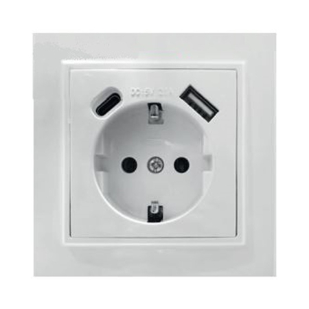 Розетка 1-местная STEKKER, PST16-9016-01, 250В, 2.1А с USB+ type C, серия Эрна, белый 50076