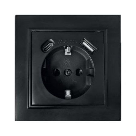 Розетка 1-местная с/з STEKKER, PST16-9016-03, 250В, 16А с USB+ type C, серия Эрна, черный 50078