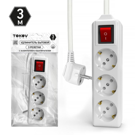 Удлинитель 3х3м с заземл. с выкл. 10А 3х1.5 TOKOV LIGHT TKL-C01-BU3-3-1.5-ZV