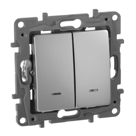 Переключатель двухклавишный Legrand Etika с подсветкой 10A 250V алюминий 672416