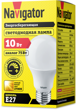 Лампа светодиодная 14 122 NLL-A60-10-230-2.7K-E27-DIMM 10Вт грушевидная матовая 2700К тепл. бел. E27 800лм 176-264В Navigator 14122