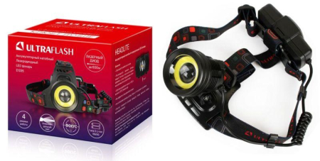 Фонарь аккумуляторный налобный E1335 2LED 4Вт фокус 4 режима аккум. 3.7В метал. черн. (бокс) Ultraflash 13905