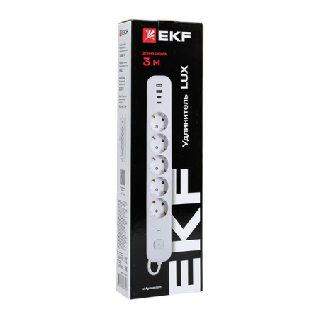Удлинитель 5х3м IP20 2USB 2.4А+2type-C LUX 1.5кв.мм EKF UBA-LUX-503-TC