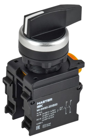 Переключатель 3 полож. 2НО возвратный длин. ручка MASTER IEK MI-SW60-20XB33-4-25-3-K02