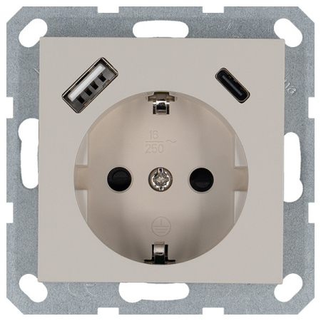 Розетка SHUKO с USB A+C с защитными шторками 16A 250V 2P+T USB 25W, цвет Тауп Jasmart G5501USB-25T