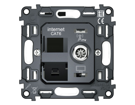 Механизм розетки компьютерной + TV оконечной RJ-45 (8P8C) CAT6/50-870 MHz 1dB с автоматической защитной шторкой QUANT Ambrella Volt VM195