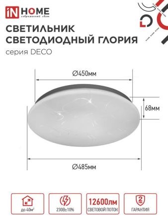 Светильник светодиодный DECO ГЛОРИЯ 120Вт 6500К 12600лм 230В 483х67мм IN HOME 4690612062235