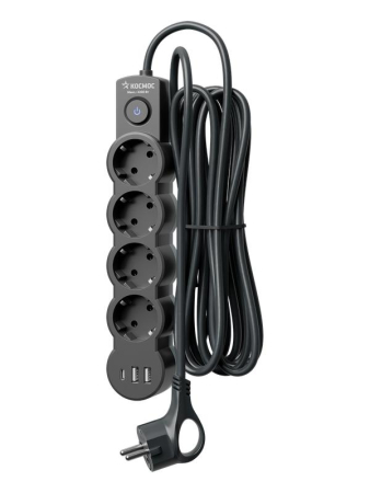 Удлинитель 3х5м с заземл. 10А IP20 USB 2500Вт 220В ПВС 3х1 с выкл. черн. КОСМОС YKsm5m4g-Z-VU10А-B