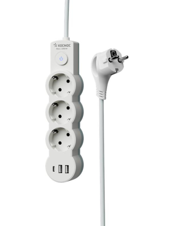 Удлинитель 3х3м с заземл. 10А IP20 USB 2800Вт 220В ПВС 3х1 с выкл. бел. КОСМОС YKsm3m3g-Z-VU10А-W