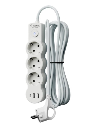 Удлинитель 3х1.5м с заземл. 10А IP20 USB 2800Вт 220В ПВС 3х1 с выкл. бел. КОСМОС YKsm1.5m3g-Z-VU10А-W