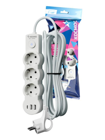 Удлинитель 3х1.5м с заземл. 10А IP20 USB 2800Вт 220В ПВС 3х1 с выкл. бел. КОСМОС YKsm1.5m3g-Z-VU10А-W