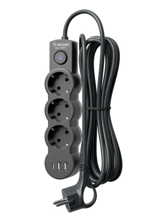 Удлинитель 3х3м с заземл. 10А IP20 USB 2800Вт 220В ПВС 3х1 с выкл. черн. КОСМОС YKsm3m3g-Z-VU10А-B