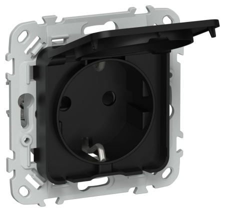 Розетка СП FLITE РСшкр11-1-44-ФлЧ 16А IP44 с заземл. с защ. шторками и крышкой безвинтовое крепление механизм черн. IEK FI-R16-16-1-44-K02