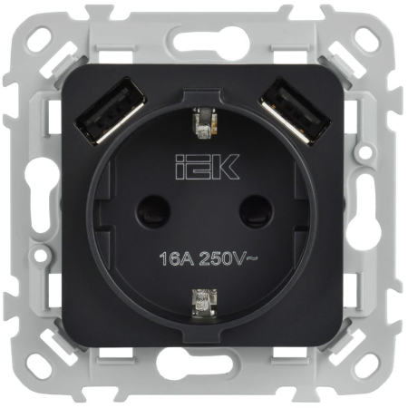 Розетка 1-м СП FLITE РСЮша11-1-ФлЧ 16А с USB A+A 3.1А с заземл. с защ. шторками безвинтовое крепление механизм черн. IEK FI-R14-16-1-U21-D31-K02