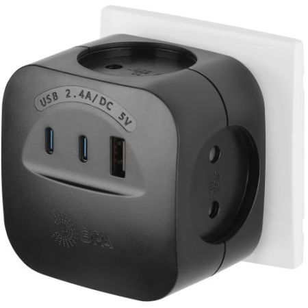 Разветвитель 4-м SP-4-3USBAC-B + 3 USB A+C со шторками 10А черн. Эра Б0069084