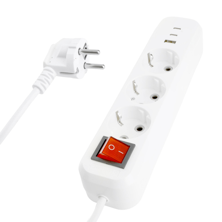 Удлинитель 3-местный с/з с выключ. STEKKER HM071-31-02 3x1мм2, 2м, 250В, 16А, 1USB+2C, 2.4A, сер Home, белый 50136