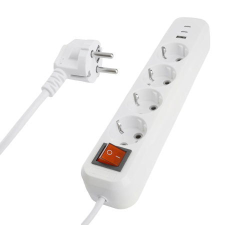 Удлинитель 4-местный с/з с выключ. STEKKER HM071-41-05 3x1мм2, 5м, 250В, 16А, 1USB+2C, 2.4A, сер Home, белый 50141
