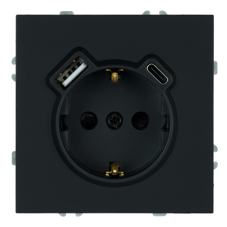 Розетка 1-местная з/ш с/з 16А + USB + Type C (механизм), Stekker, 250В, 20W, серия Эмили, черный уголь, soft-touch, RST16-5119-05 50218