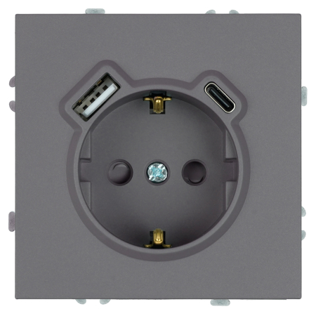 Розетка 1-местная з/ш с/з 16А + USB + Type C (механизм), Stekker, 250В, 20W, серия Эмили, платиново-серый, soft-touch, RST16-5119-10 50219