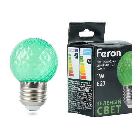 Лампа светодиодная Feron LB-385 Шарик зеленый прозрачный E27 1W 230V 52163