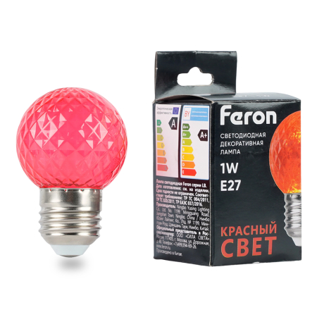 Лампа светодиодная Feron LB-385 Шарик красный прозрачный E27 1W 230V 52164