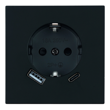 Розетка 1-местная з/ш с/з 16А + USB + Type C (механизм), STEKKER, 250В, 20W, серия Мия, RST16-3119-05, черный бархат 50452