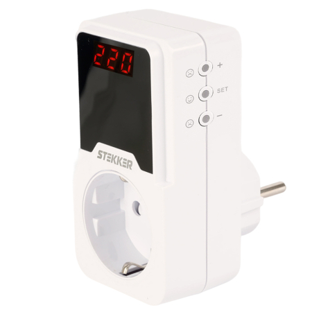 Реле напряжения для розетки регулируемое  STEKKER  VPR-200W, 230В,16A,белый 50689