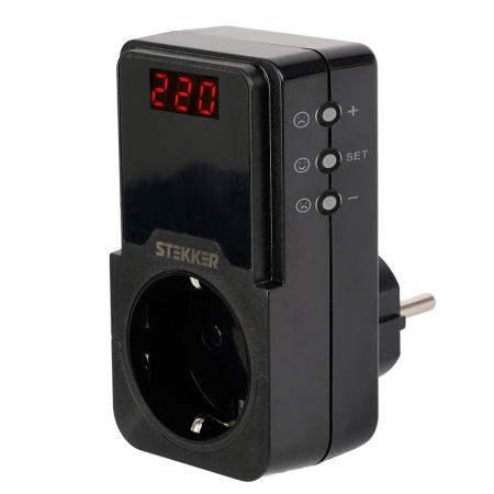 Реле напряжения для розетки регулируемое  STEKKER  VPR-200B, 230В,16A,черный 50690