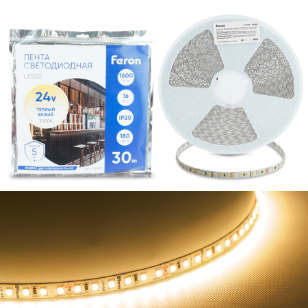 Светодиодная LED лента Feron LS502, 180SMD(2835)/м 16Вт/м 24V 30000*10*1.22мм 3000К 30м IP20 53089