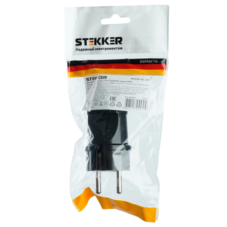 Вилка прямая с/з STEKKER, PPG16-42-201, пластик, 250В, 16A, IP20, черный 32852