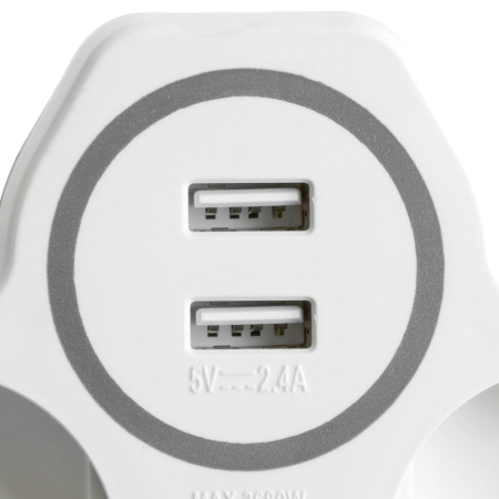 Разветвитель сетевой 2-местный с/з STEKKER ADP16-14-20, 250V, 16A и 2-мя USB выходами на 2,4А, огнеустойчивый пластик, белый/серый 32872