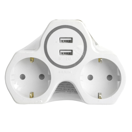 Разветвитель сетевой 2-местный с/з STEKKER ADP16-14-20, 250V, 16A и 2-мя USB выходами на 2,4А, огнеустойчивый пластик, белый/серый 32872