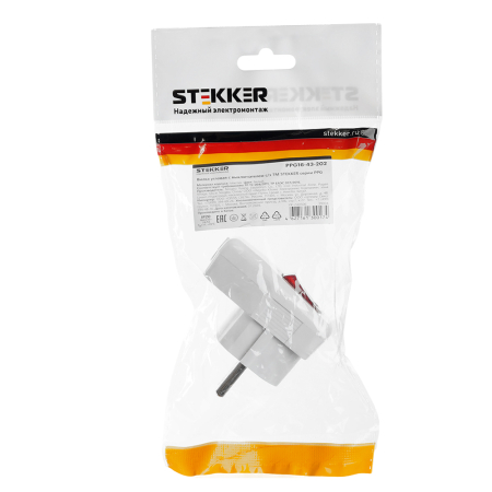 Вилка угловая с выключателем с/з STEKKER, PPG16-43-202, 250В, 16A, IP20, белый 39004