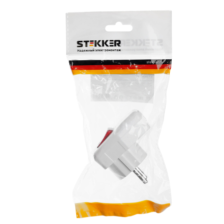 Вилка угловая с выключателем с/з STEKKER, PPG16-43-202, 250В, 16A, IP20, белый 39004