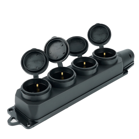 Розетка переносная 4-местная c/з, STEKKER, RST16-24-44, 250В, 16А, IP44, черный 39019