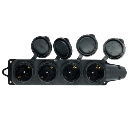 Розетка переносная 4-местная c/з, STEKKER, RST16-24-44, 250В, 16А, IP44, черный 39019