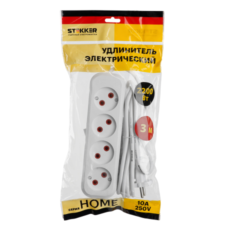 Удлинитель 4-местный б/з Stekker, HM01-40-03, 3м, 2x0,75, серия Home (У10-429), белый 39217