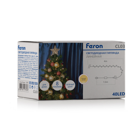 Светодиодная гирлянда Feron CL03 линейная 4м +1.5м 230V 2700K, c питанием от сети, контроллером, зеленый шнур 32290