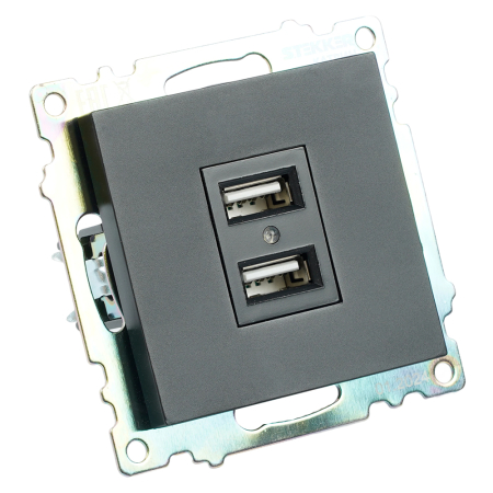 Розетка USB 2-местная (механизм), STEKKER GLS10-7115-05, 250B, 2,1А, серия Катрин, черный 39616