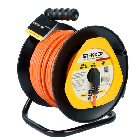 Удлинитель на пластиковой катушке Stekker STD02-11-50 (UG), 50м, 1 гнездо, с/з 3*1, оранжевый, серия Standart 39636