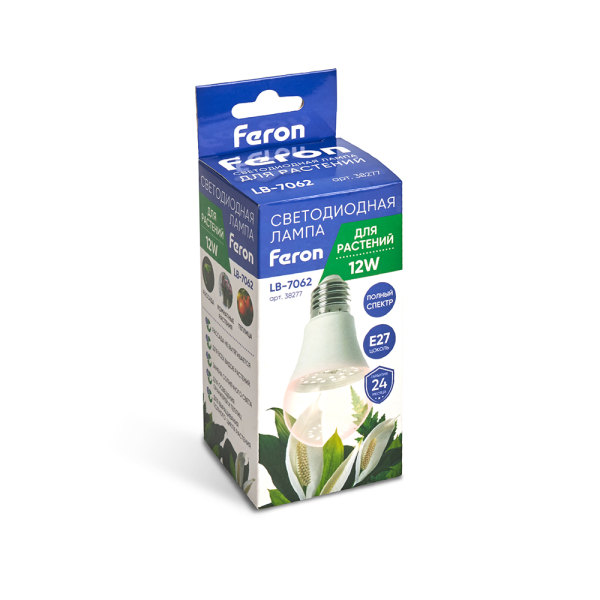 Лампа светодиодная для растений А60 Feron LB-7060 E27 12W полный спектр 38277