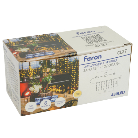 Светодиодная гирлянда Feron CL27 занавес Водопад  3*3м  + 3м 230V 2700K, статичная, c питанием от сети, прозрачный шнур 48598