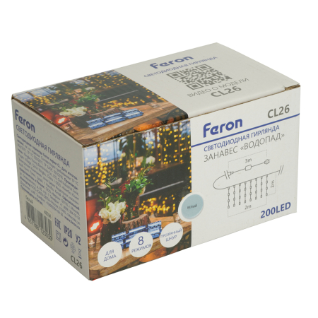 Светодиодная гирлянда Feron CL26 занавес Водопад  2*2м  + 3м 230V 5000К, статичная, c питанием от сети, прозрачный шнур 48596