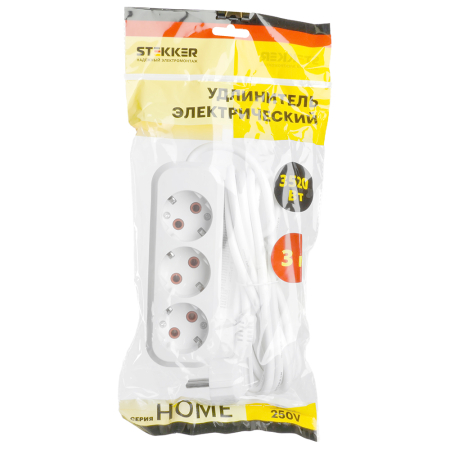 Удлинитель трехместный с/з  STEKKER HM06-31-02 3x1мм2, 2м, серия Home (У10-002), белый 49348